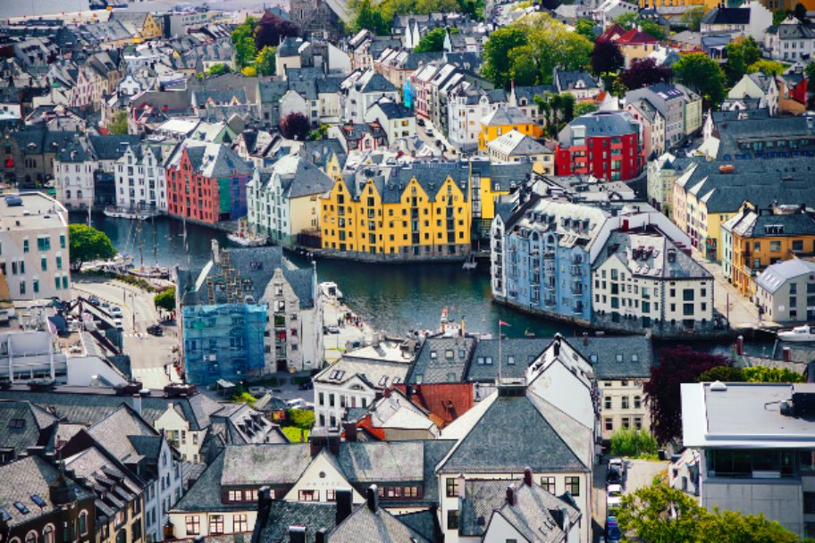 Alesund Norway city from Mount Aksla Art Nouveau colorful houses fjord reflection fine art print