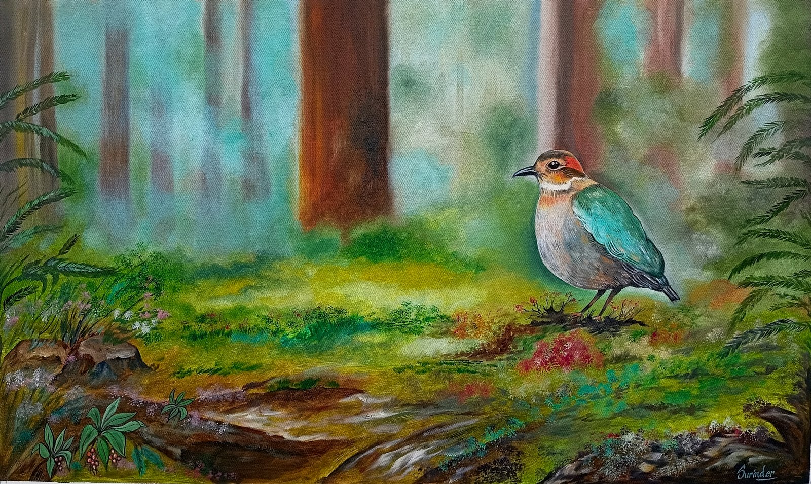 Indian Pitta bird oil painting in dense green forest woodland by Surinder Singh