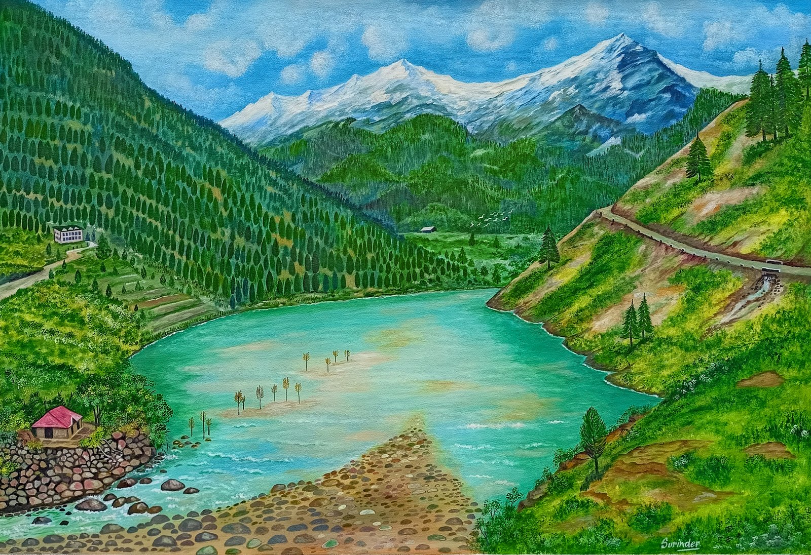 Original oil painting of emerald green Himalayan lake with snow peaks by Surinder Singh Amritsar