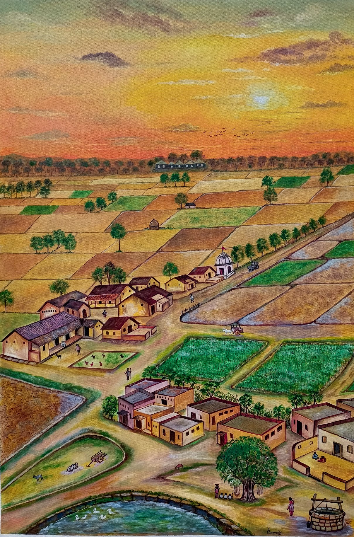 Punjab village sunrise golden wheat fields farmer oil painting by Surinder Singh