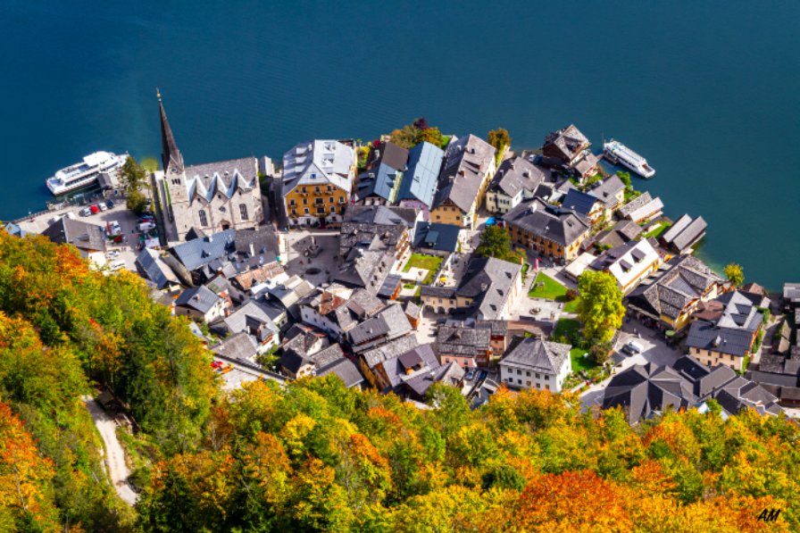 Hallstatt Austria town from Salzwelten autumn colorful houses lake UNESCO fine art photography print