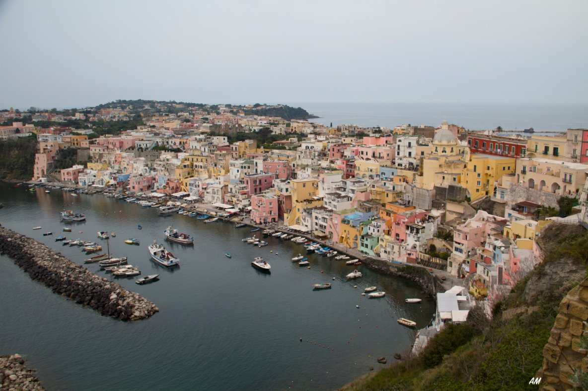 Procida Island Italy pastel colorful houses over turquoise bay living watercolor wall art print