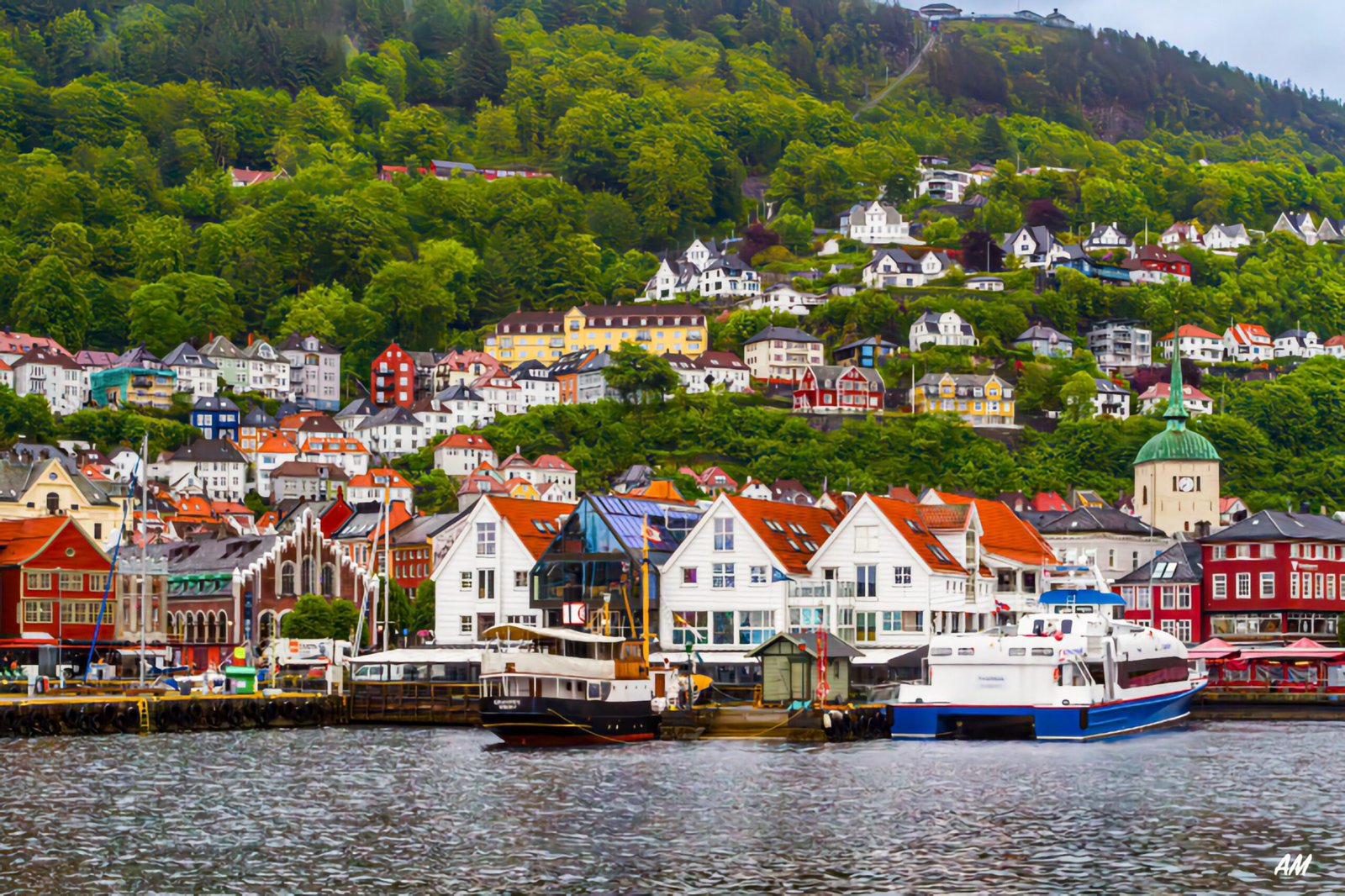 Bergen Norway colorful houses in hills Bryggen wharf harbor boats wall art print